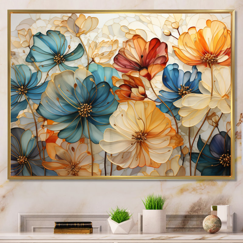 «Teal Orange Petal Mosaics II - Abstract Botanicals», art mural sur toile, H 12 po x l 20 po, Toile tendue, Sans cadre
