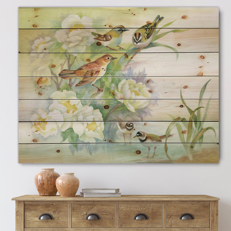 Fleurs et oiseaux dans un paysage rustique - impression traditionnelle sur bois de pin naturel, H 25 po x l 35 po x P 0,78 po