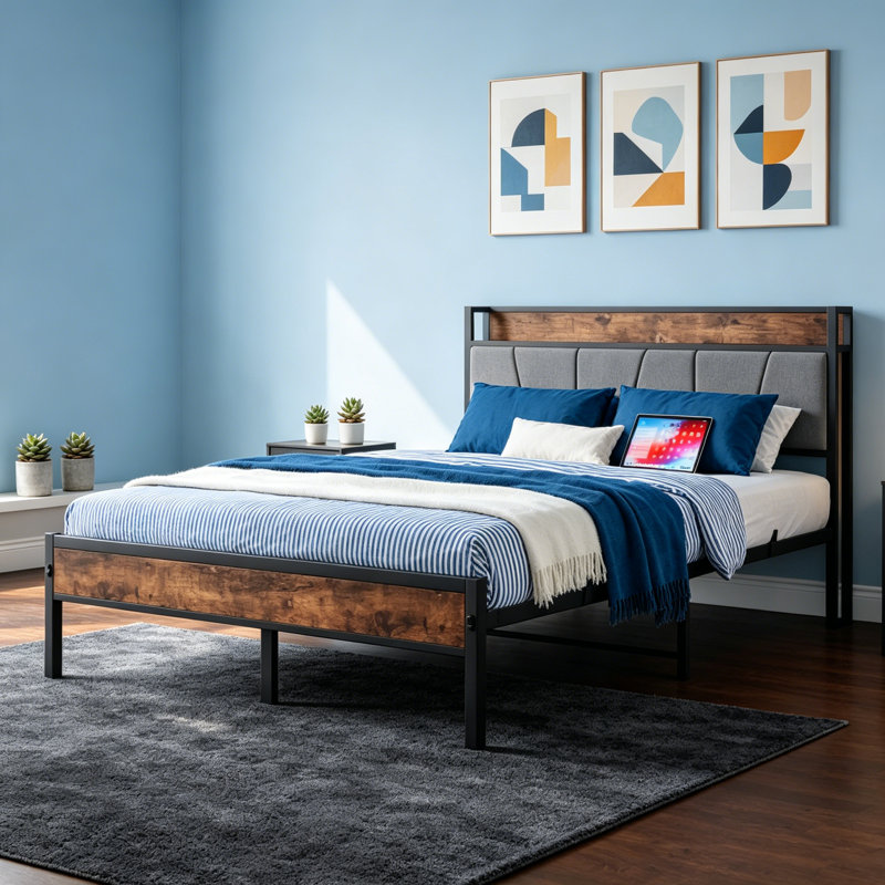 Bed Frame with Storage Headboard, Built-in 2 Outlets & 2 USB Ports, Wooden Bed Frame with Shelf, Easy Assembly for Bedroom