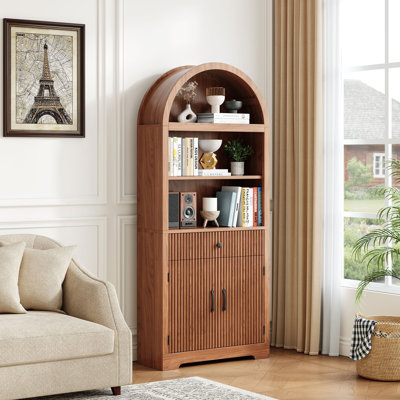 70.86''H Arched Storage Bookcase With Fluted Door And Drawer