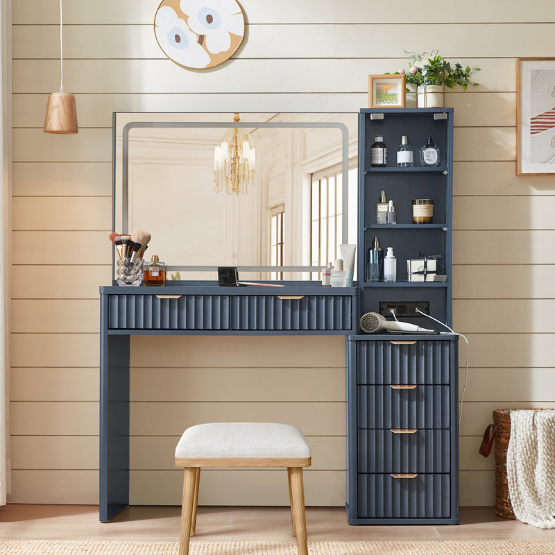 Vanity Desk With Mirror And Lights Set, 43.5'' Fluted Makeup Vanity With 6 Drawers And Adjustable Shelves,wood Make Up Vanity Dressing Table With Glass Top And Power Outlet For Bedroom