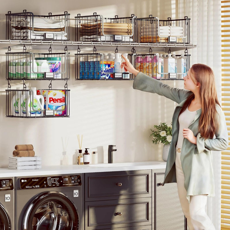 3-Pack Hanging Laundry Organizer, Stackable Wire Shelf Storage with Label Cards