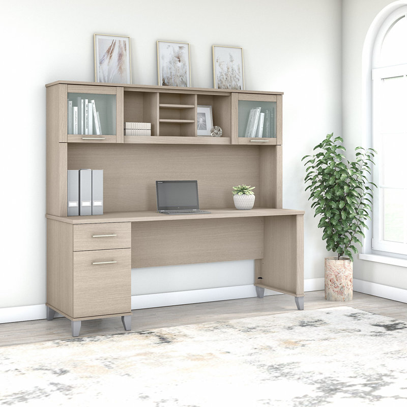 Bureau de 72 po avec huche et tiroirs Paelynn, bureau d'ordinateur avec rangement, bois moderne, chêne sable, Chêne sable
