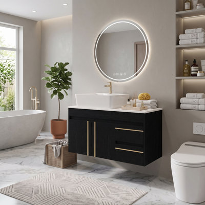 Meuble-lavabo autoportant noir de 91 cm (36 po) avec comptoir en pierre frittée et lavabo en céramique
