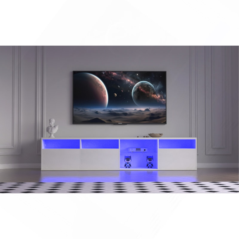 Meuble télé moderne à DEL de 82,6 pouces avec sélection de couleurs RVB complète, 31 modes de changement de lumière et armoires de rangement spacieuses