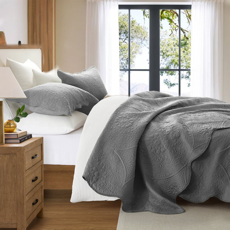 Floral Embossed Microfiber Quilted Bedspread Set, Gray, Queen Coverlet/Bedspread + 2 Standard Pillowcases