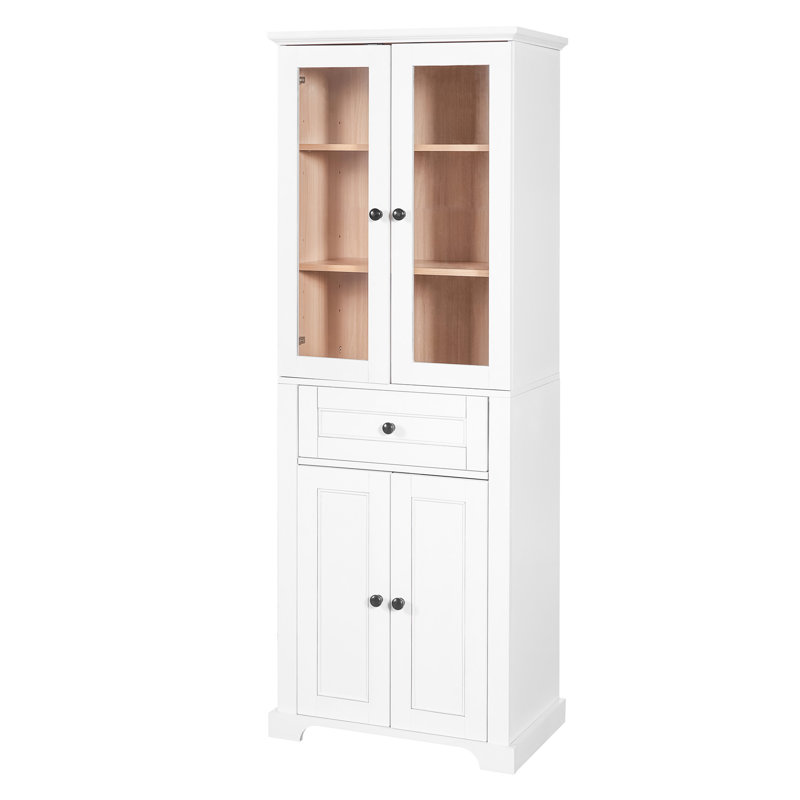 Tall Bathroom Storage Cabinet With Dual Glass Doors, Adjustable Shelving, Drawer, Soft-Close Function & Hardware For Stability