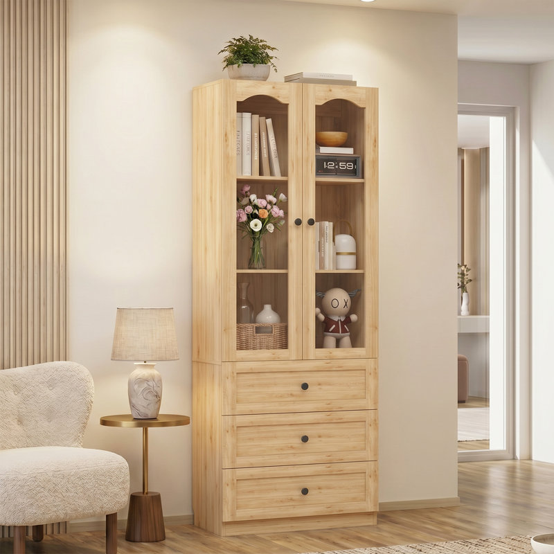 Armoire avec tiroirs en bois, armoire avec porte en verre, Natural