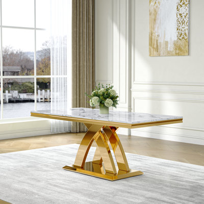 Table de salle à manger rectangulaire en marbre, plateau en faux marbre 70,08 po, base en acier inoxydable