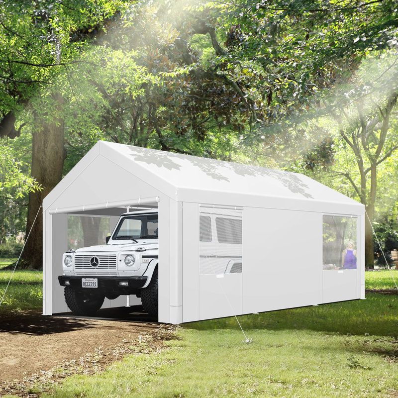 10'Wx20'D Heavy Duty Portable Garage, Upgraded Carport with Built-in Sandbags, White