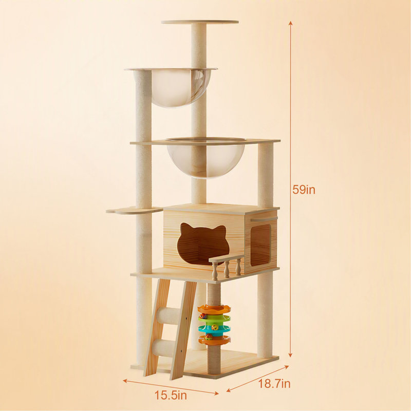Arbre à chat, 150 cm, design moderne en bois pour chats d'intérieur avec poteaux à griffer recouverts de sisal, perchoir supérieur et hamac en acrylique