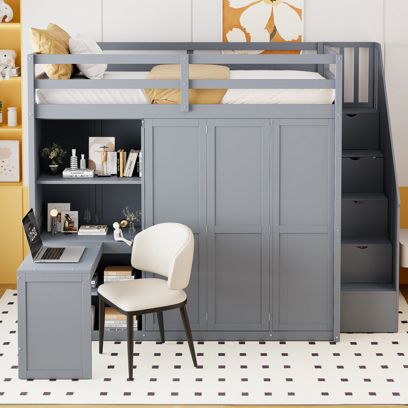Lit mezzanine pleine grandeur avec garde-robe, bureau et tablettes, conception peu encombrante, Gris