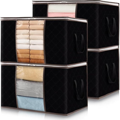4 Pack Clothes Storage, Foldable Storage And Organization, Storage Bins With Lids, Blanket Storage With Clear Window, Closet Storage With Reinforced Handles For Clothing, Bedding, Black
