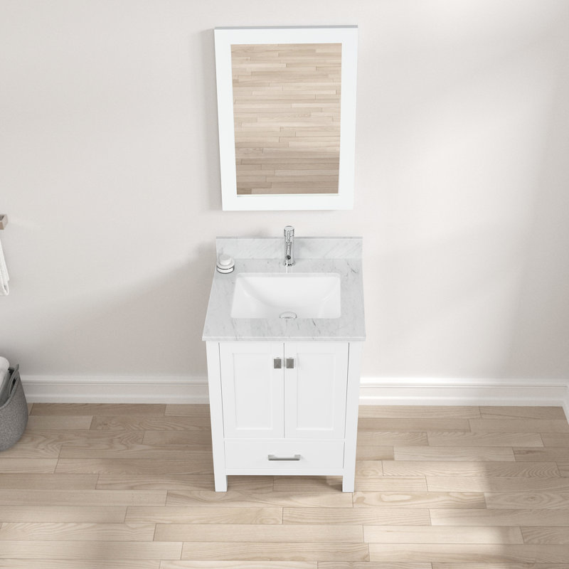 Meuble-lavabo simple 25 po avec plateau en marbre de Carrare et miroir Vallee, Blanc