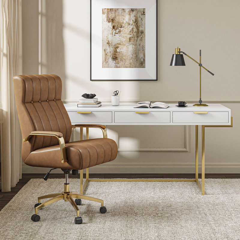 Leipzig Modern 2-Piece Desk Office Chair Set with Leather Tufted Executive Chair and Built-in Cable Management Desk