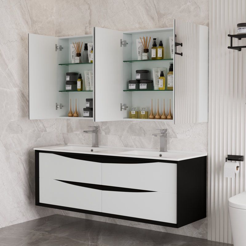 Meuble-lavabo double 60 po avec lavabo Lavaun, Noir / blanc