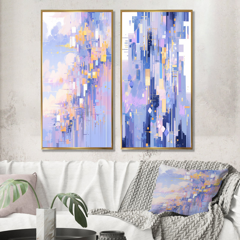 «Contemporary Lavender Bold Illumination», ensemble de 2 impressions géométriques abstraites sur toile, Encadrement doré