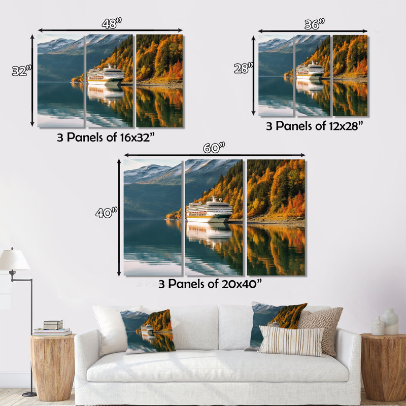 Croisière à couper le souffle en Alaska sur toile, reproduction de 3 pièces, H 32 po x l 48 po x P 1 po