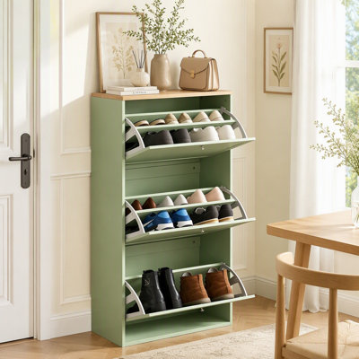 Armoire de rangement moderne à chaussures verte avec 3 tiroirs rabattables et tablettes réglables pour 12 à 18 paires