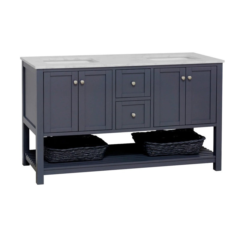 Ensemble de meuble-lavabo double 60 po Binne, Gris marine, Carrara d'ingénierie