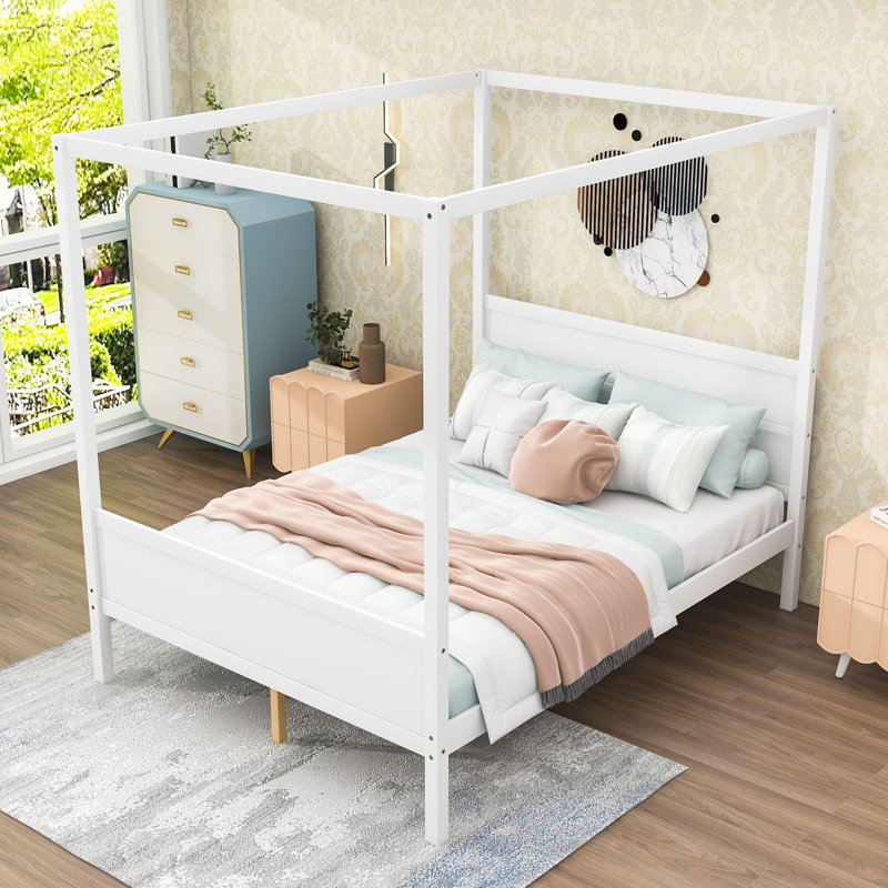 Wood Canopy Platform Bed, White