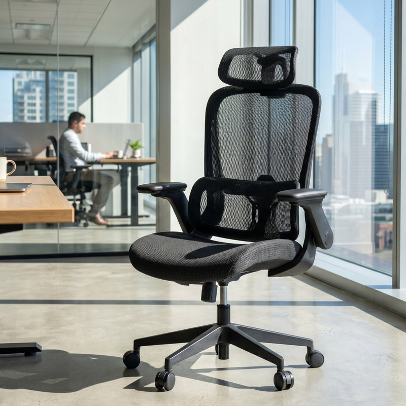 Chaise de bureau ergonomique Okeysen certifiée BIFMA avec appui-tête, système de levage lombaire et accoudoir rabattable