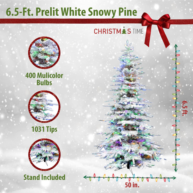 Christmas Time 6.5 ft. Snowy White Pine Artificial Prelit Christmas Tree with Dual Multicolor & Warm White LED Lights