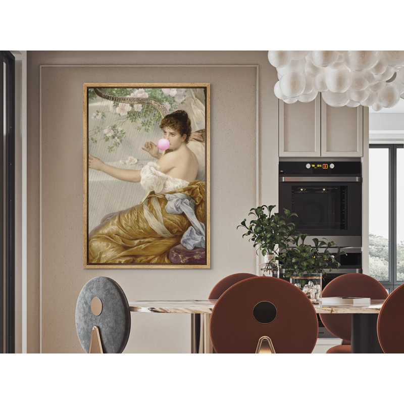 «Woman Tuning Harp Bubblegum», H 36 po x l 24 po, Cadre naturel flottant
