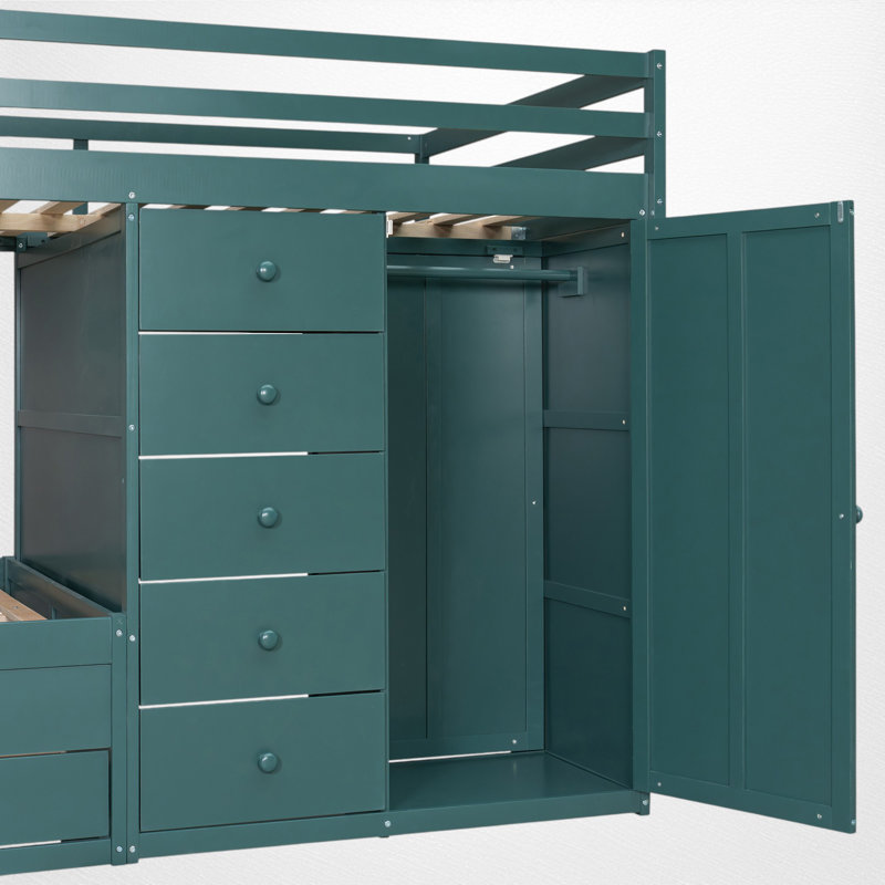Lit superposé double au dessus d'un lit double avec placard intégré et 7 tiroirs de rangement, Vert