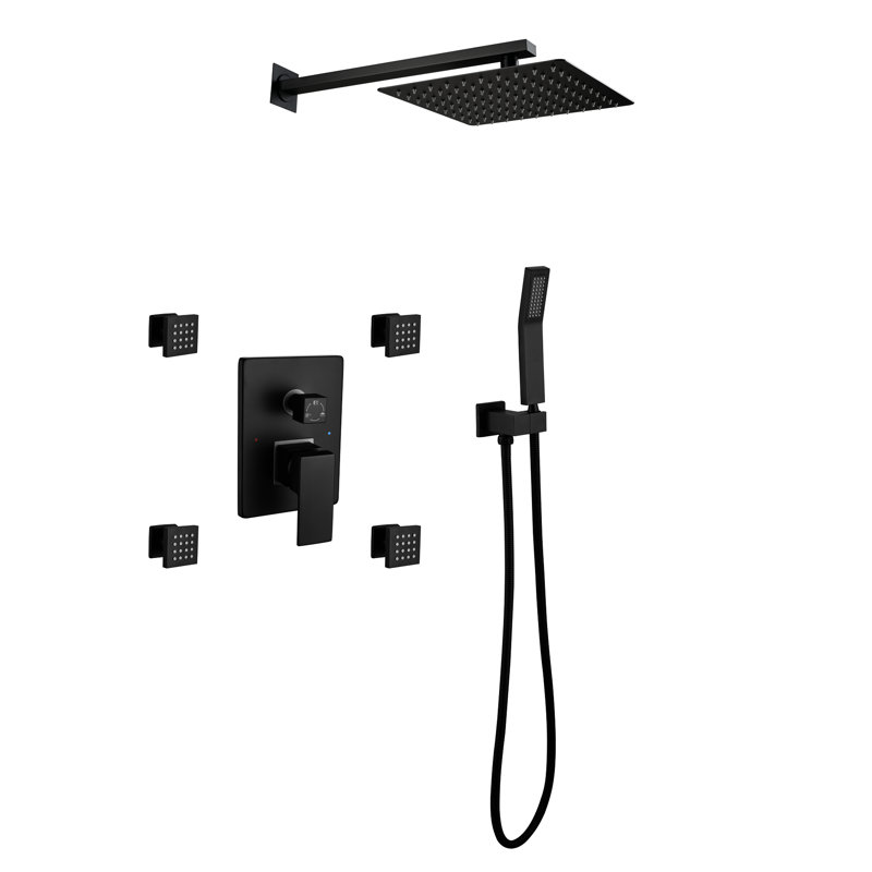 10-Inch Matte Black Bathroom Shower Fixture Assembly Kit, Square Rainfall Head, Handheld Shower, Body Jets, 3 Functions Balance Valve Luxury