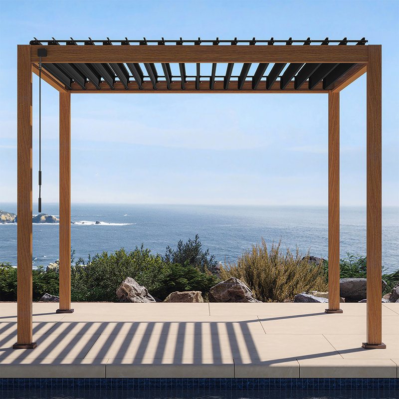 Pergola Takasho 111S en chêne cerisier et aluminium avec lames orientables, Abri de garage en plastique x P 10 po