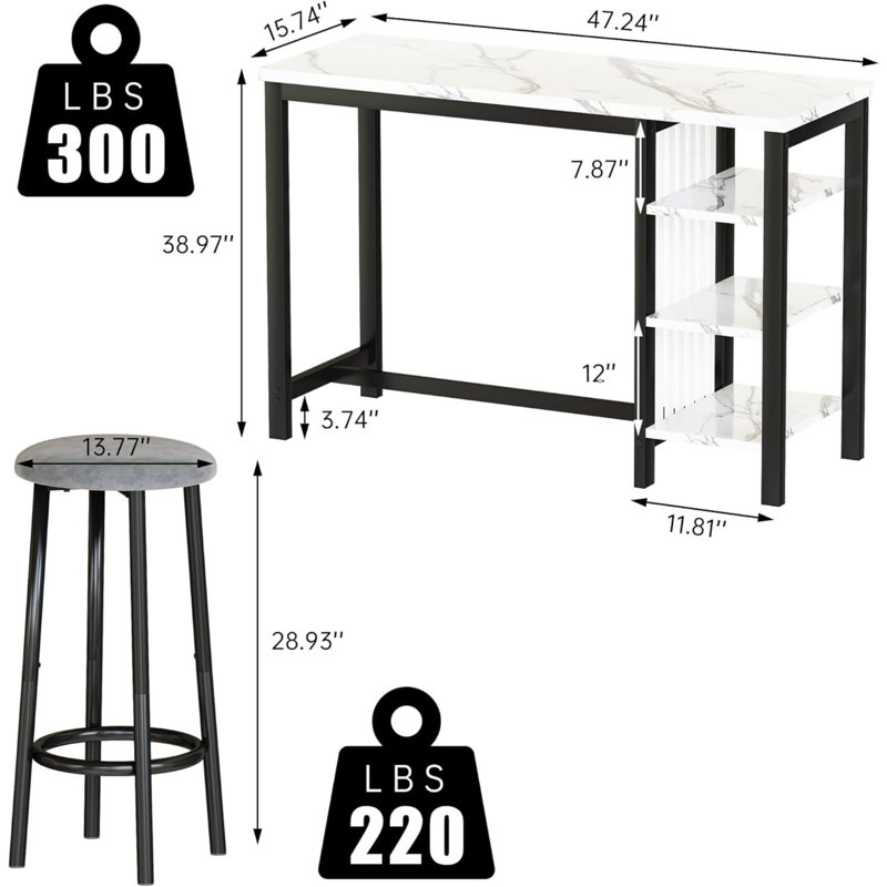 Ensemble de table de bar 3 pièces, ensemble de table de bar pour 2 personnes, ensemble de table de bar et chaises avec tabouret de revêtement et 3 tablettes de rangement ouvertes, ensemble de table de pub pour les petits espaces et la cuisine