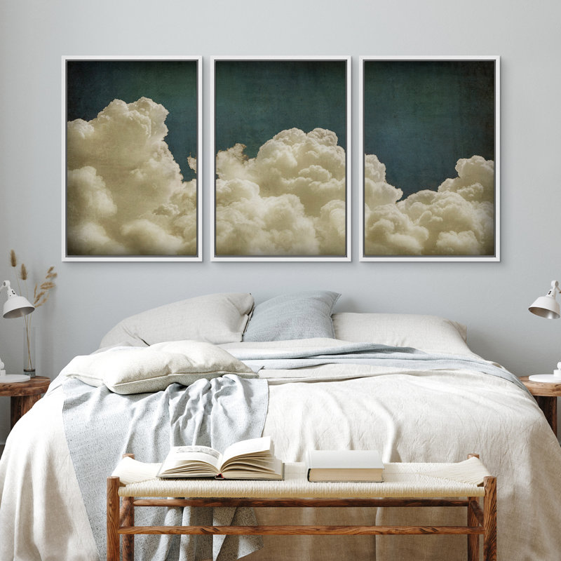 Vert, bleu marine, nuages pastel, paysages abstraits, décorations murales minimalistes rétro Moody 3, 3 pièces, Blanc