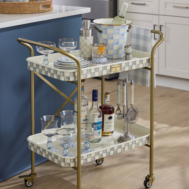 Mocha Check 2-Tier Kitchen Cart, Brass/Gold/White