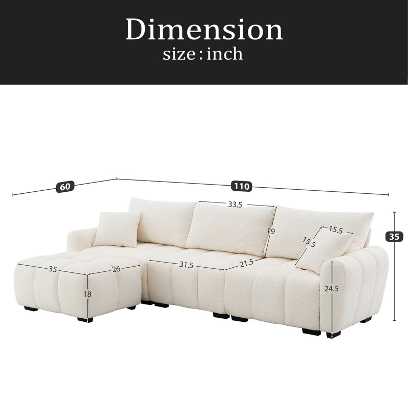 Modular Sectional Sofa, L Shape With Extra-Large Seat, Pull-Line Design, Movable Ottoman, High Density Foam, Free Combination, Sturdy Metal&Wood Frame, Boucle Fabric