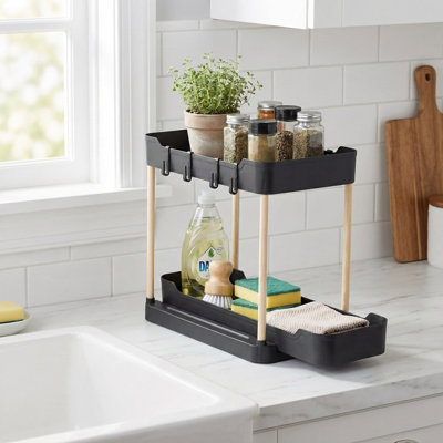 2 Tier Sliding Storage Rack w/ Hooks, Wooden Leg Under Sink Organiser