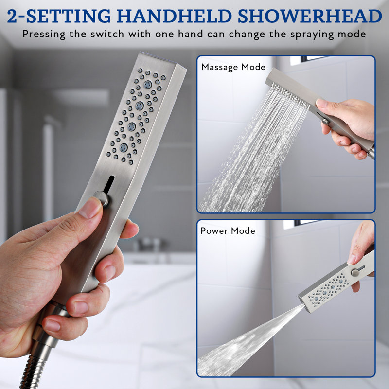 12" All Metal Rainfall Shower Head With Multi-function Handheld Sprayer Combo, Brushed Nickel