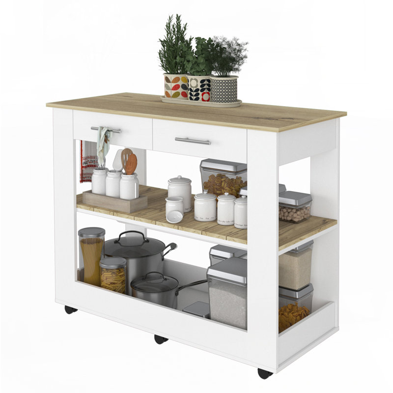 Îlot de cuisine avec tablettes de tiroir et roulettes, Blanc, H 36,5 po x l 46 po x P 20 po