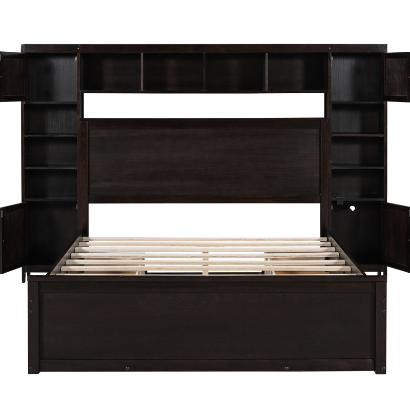 Queen Size Bed With One Wood Details - Cabinet, Shelf, Sockets And A Comfortable Sleep Solid For Serene Bedroom With Shelf User-