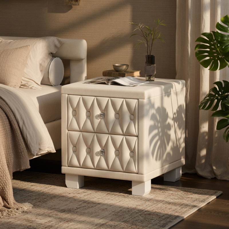 Élégante table de chevet en velours avec 2 tiroirs et poignée en cristal, table de chevet avec capitonnage à boutons, beige