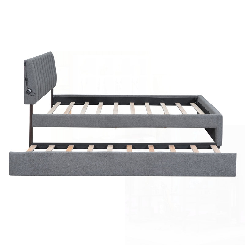 Lit plateforme tapissier grand avec lit gigogne simple Teddy, Grand, Gris foncé