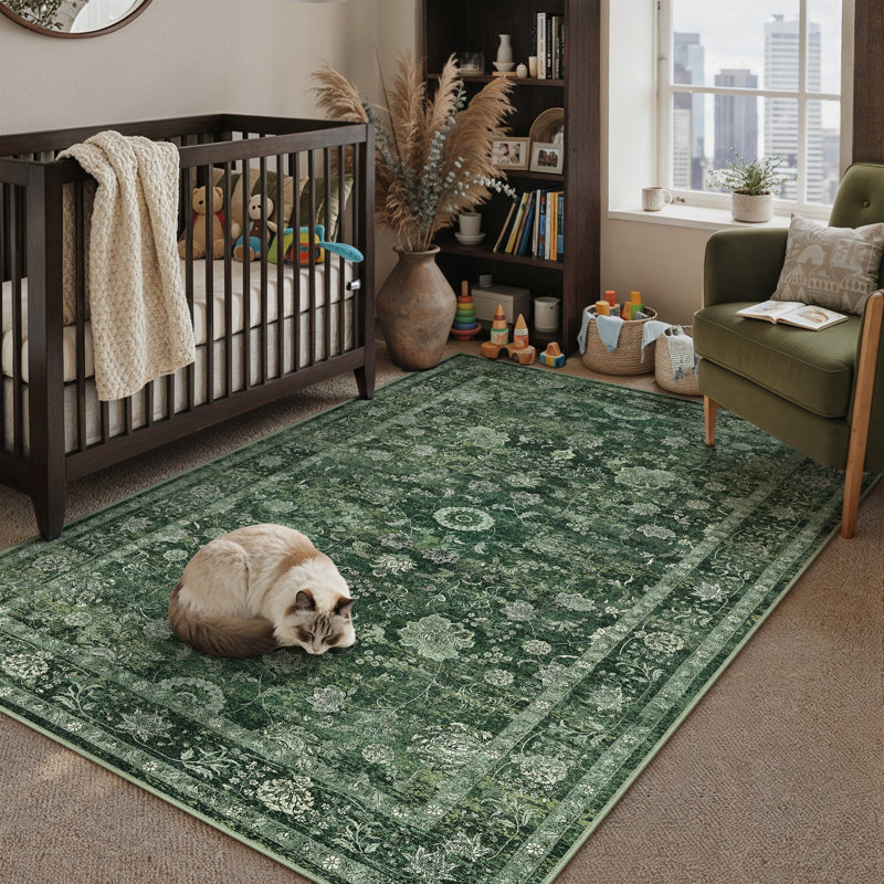 Tapis oriental vert Patty avec envers antidérapant, Rectangulaire 3 pi x 5 pi, Green, 0.35"