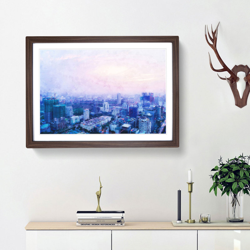 The Hanoi Skyline In Vietnam - Single Picture Frame Painting on MDF, 45cm H x 63cm W x 2cm D, Walnut Framed