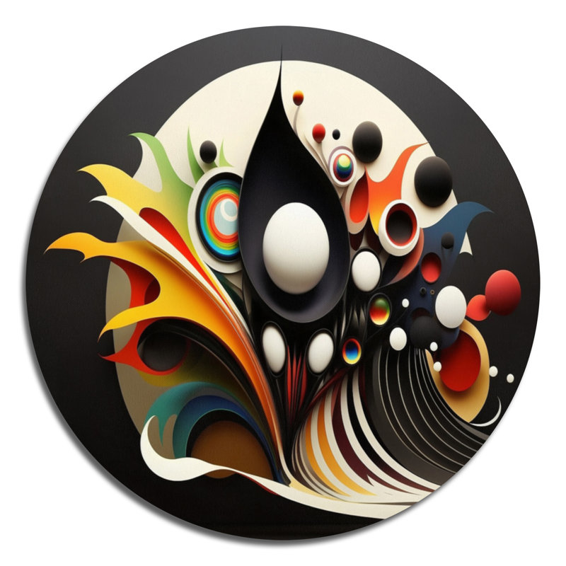 Minimalist Colorful Spheres And Waves I - Art mural rond géométrique abstrait sur métal, L 16 po x H 16 po