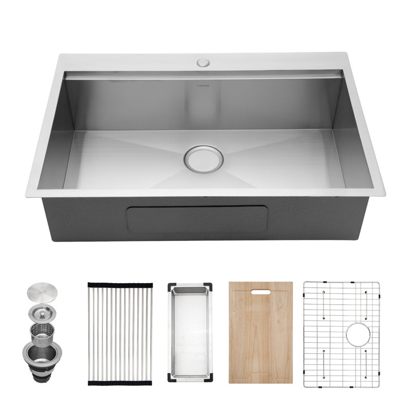 30"W Drop-in Single Bowl Stainless Steel Kitchen Sink with Workstation