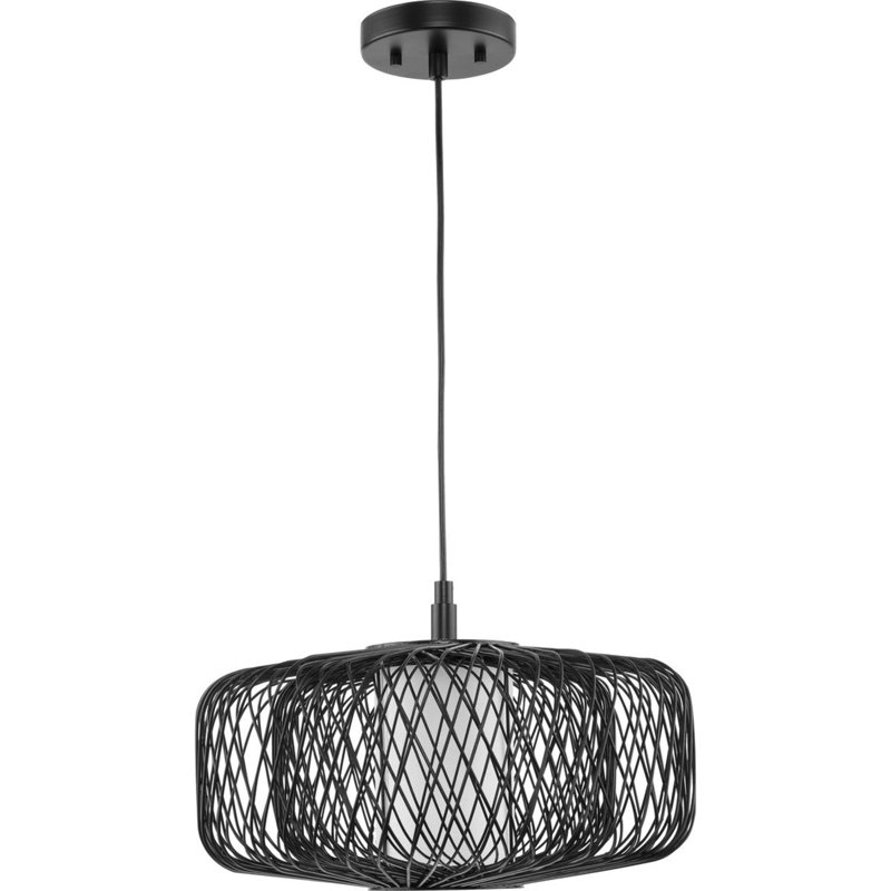 Luminaire suspendu tambour 1 lumière Andric, H 13 po x l 16 po x P 16 po, Rotin noir