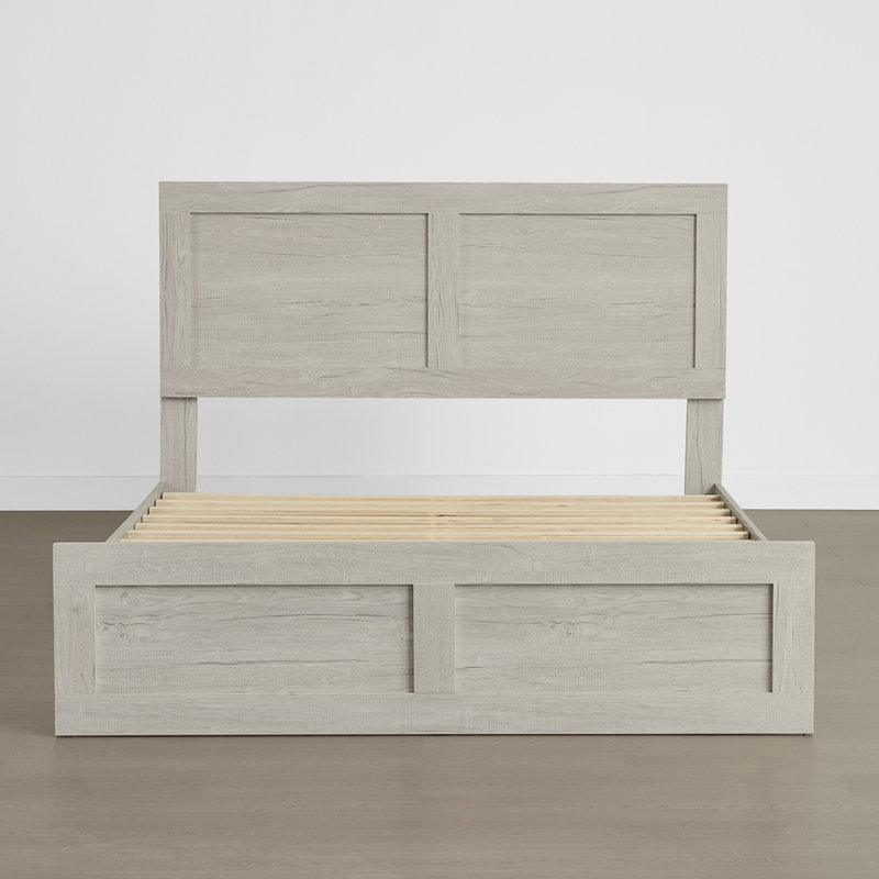Farmhouse High Headboard Wood Platform Bed, Light Gray, Queen