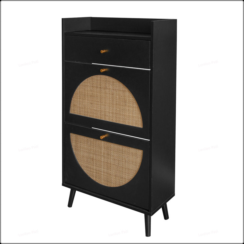 Charming Double-Layer Rattan Shoe Rack Cabinet for Entrance, Enhancing Home Decor and Organizational Efficiency, Black