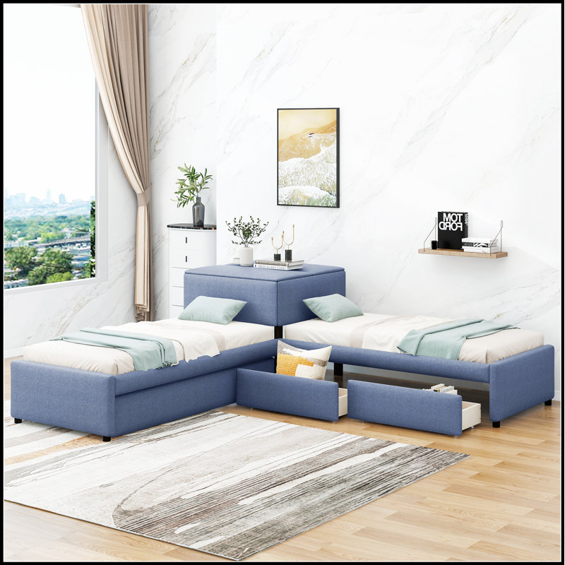 Lit plateforme tapissier en L avec lit gigogne et deux tiroirs, maximisant le rangement et le confort dans n'importe quelle chambre à coucher.