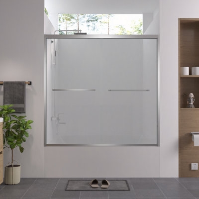 56-60"X58" Aluminum Frame Double Sliding Bathtub Screen,Bypass Bathroom Sliding Door With Premium 1/4" (6Mm) Clear Tempered Glass, Hardware Sliding Glass Shower Enclosure